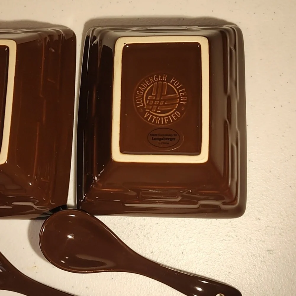 Longaberger Vitrified Pottery Set Of 3 Tasting Bowls  With Spoons In Chocolate